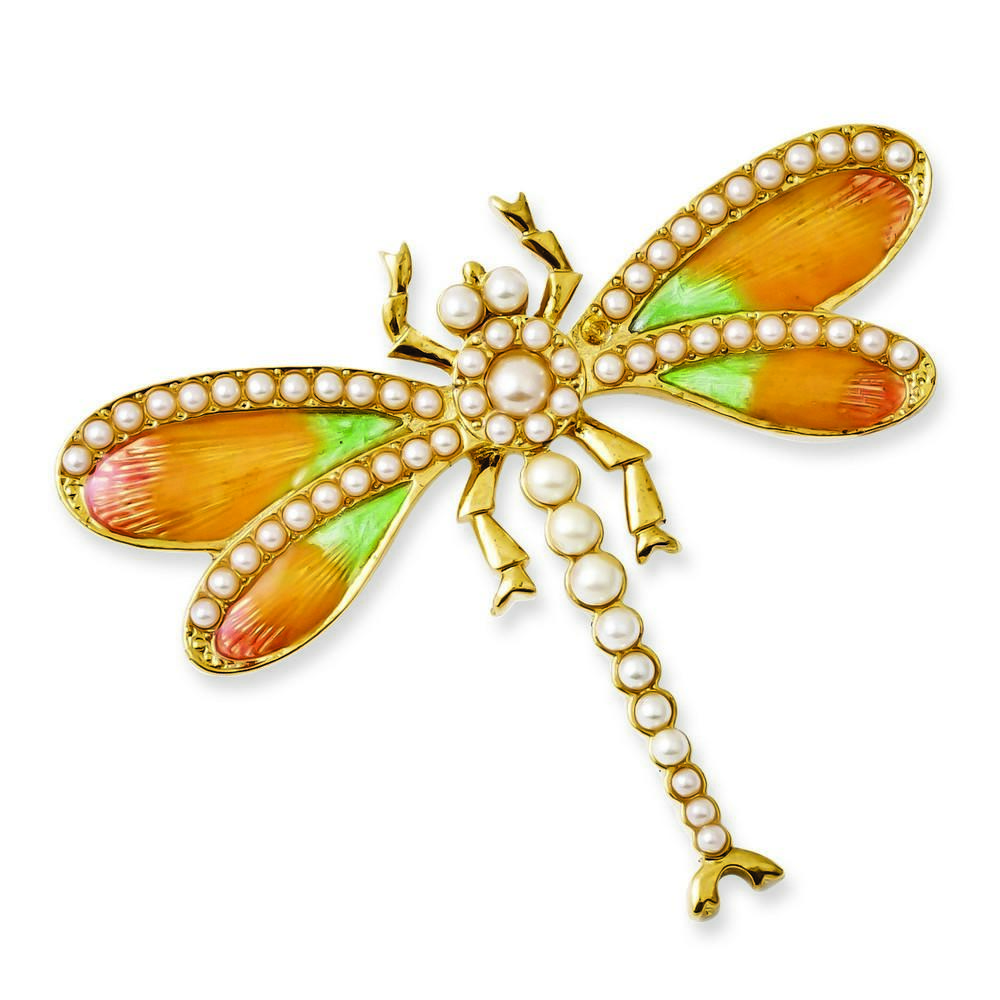 Jewelryweb Gold-tone Simulated Pearls and Enamel Dragonfly Pin