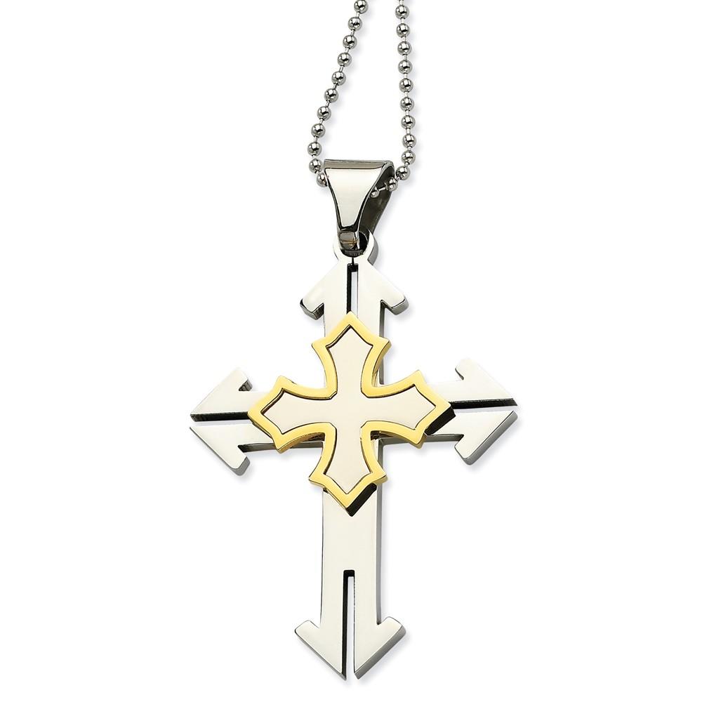 Jewelryweb Stainless Steel Gold-Flashed Cross Pendant - 22 Inch