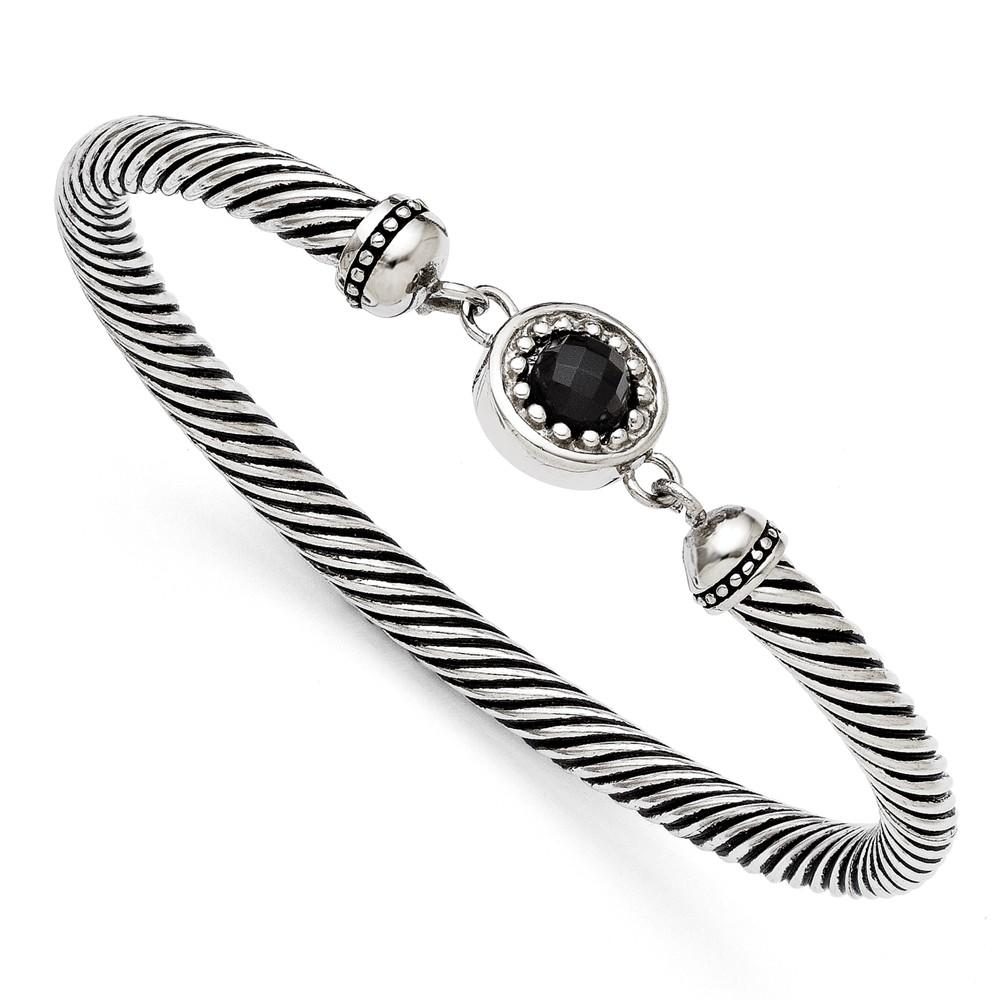 Jewelryweb Stainless Steel Black Simulated Onyx Antiqued Bracelet