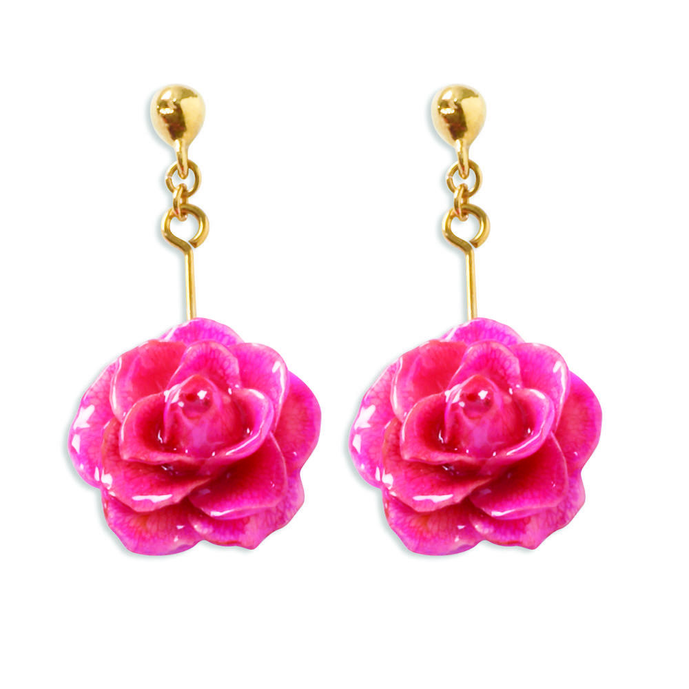 Jewelryweb Lacquer Dipped Fuchsia Rose Dangle Earrings