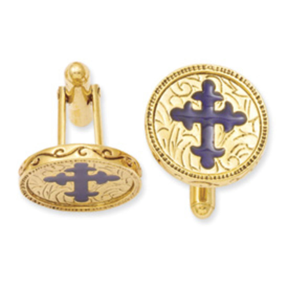 Jewelryweb Gold-tone Blue Enameled Cross Cuff Links