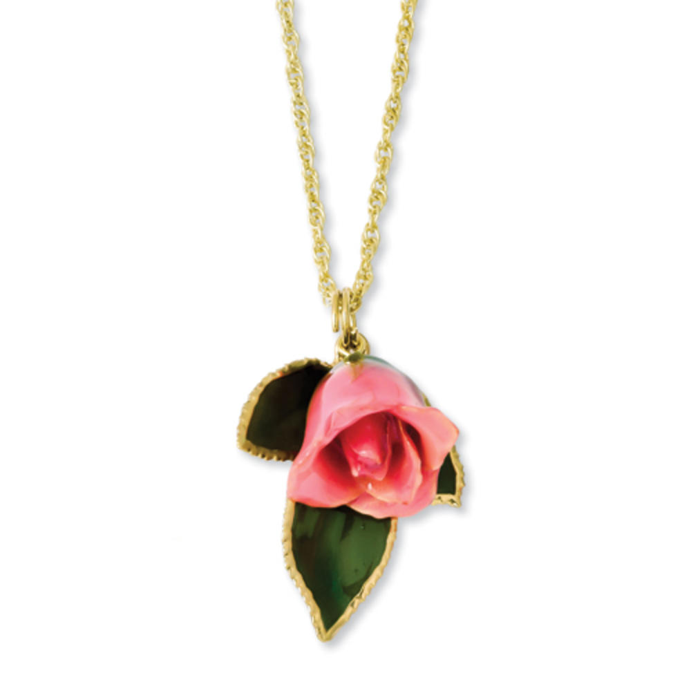 Jewelryweb Lacquer Dipped Pink Rose Necklace With Gold-Flashed Chain - 20 Inch