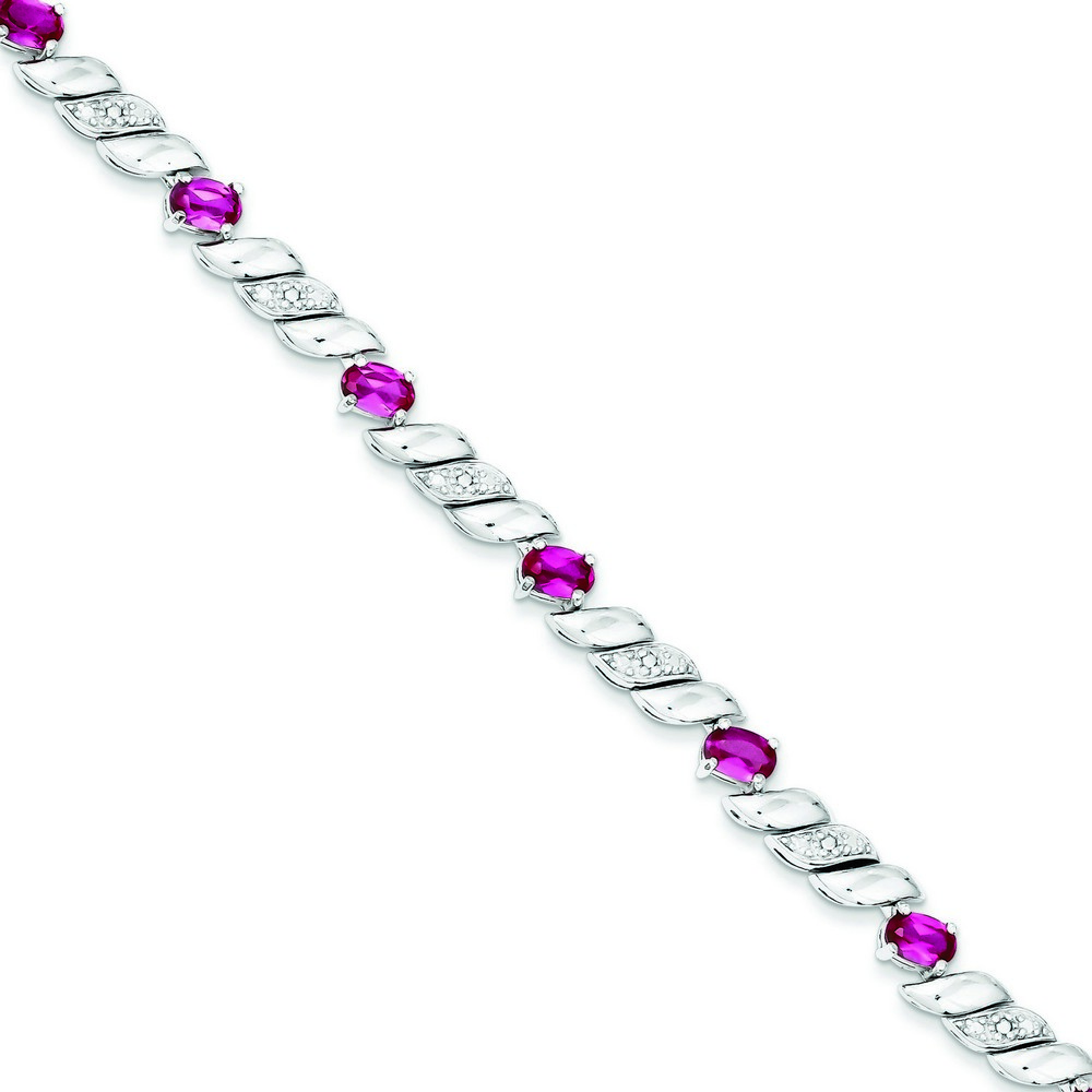 Jewelryweb Sterling Silver Created Pink Sapphire and Diamond Bracelet - 7.25 Inch - Box Clasp
