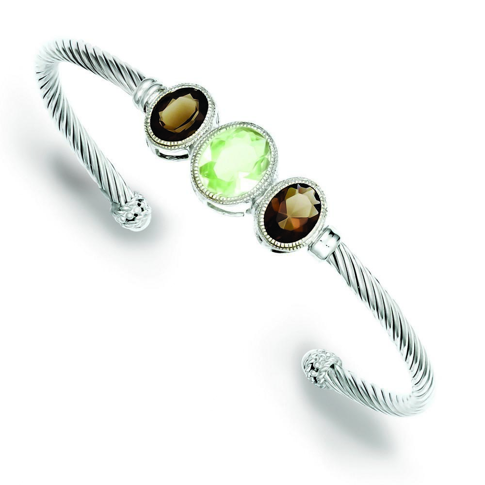 Jewelryweb Sterling Silver Smokey Topaz and Green Cubic Zirconia Twisted Rope Bangle Bracelet