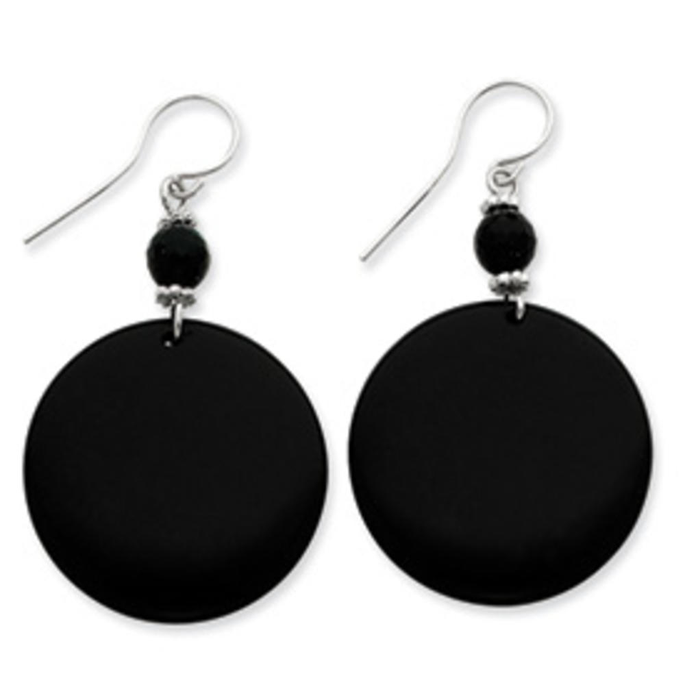 Jewelryweb Sterling Silver Bead and Simulated Onyx Circle Dangle Earrings