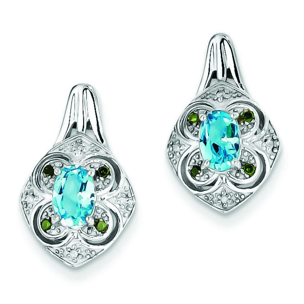 Jewelryweb Sterling Silver White and Green Diamond And Light Swiss Bt Post Earrings