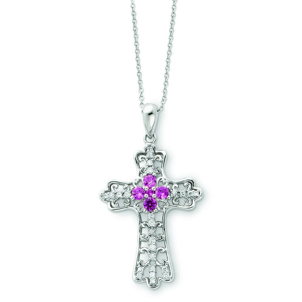 Jewelryweb Sterling Silver October Cubic Zirconia Cross Necklace - 18 Inch