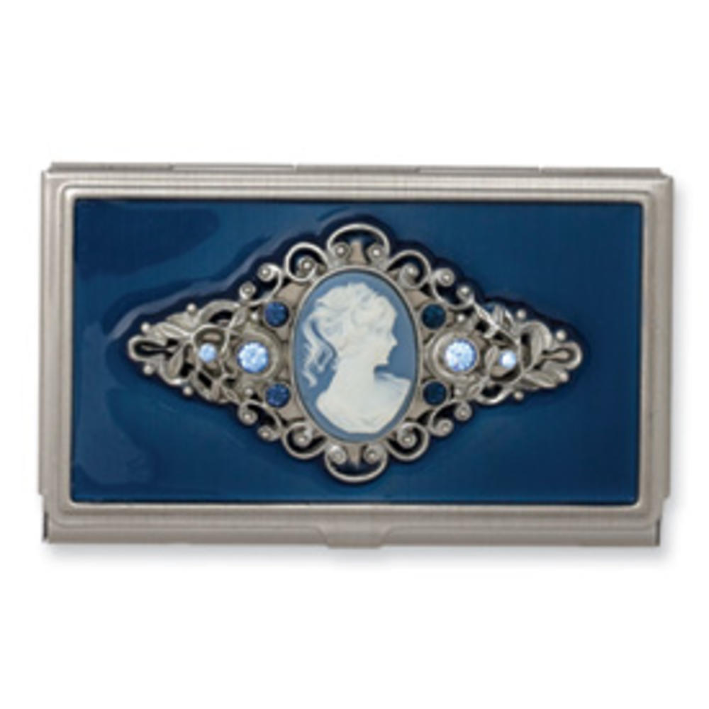 Jewelryweb Steel Blue Enameled and Cameo Pendant Business Card Holder