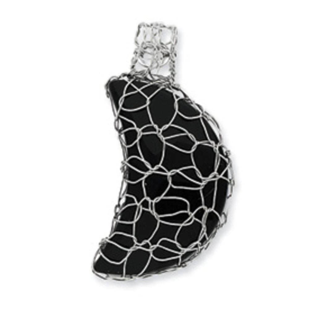 Jewelryweb Sterling Silver Link Covered Large Simulated Onyx Moon Shaped Stone Pendant