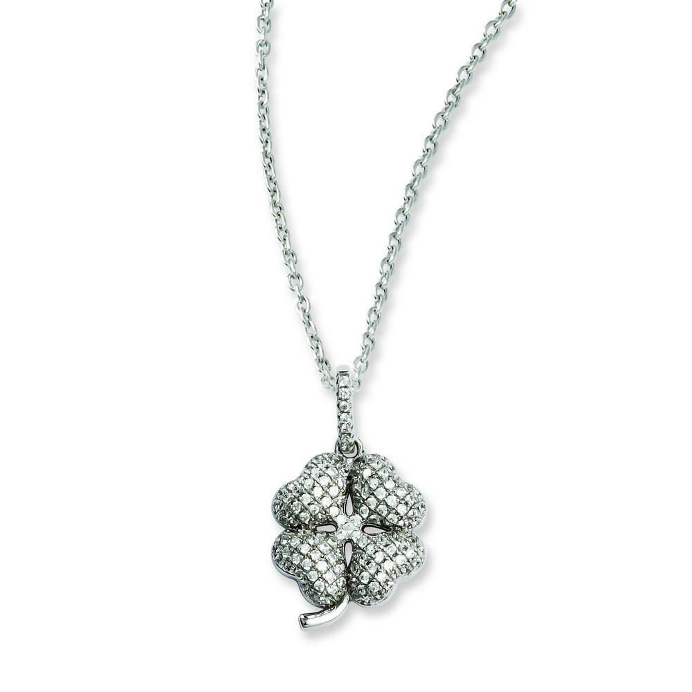 Jewelryweb Sterling Silver and Cubic Zirconia Brilliant Embers 4-leaf Clover Necklace - 18 Inch