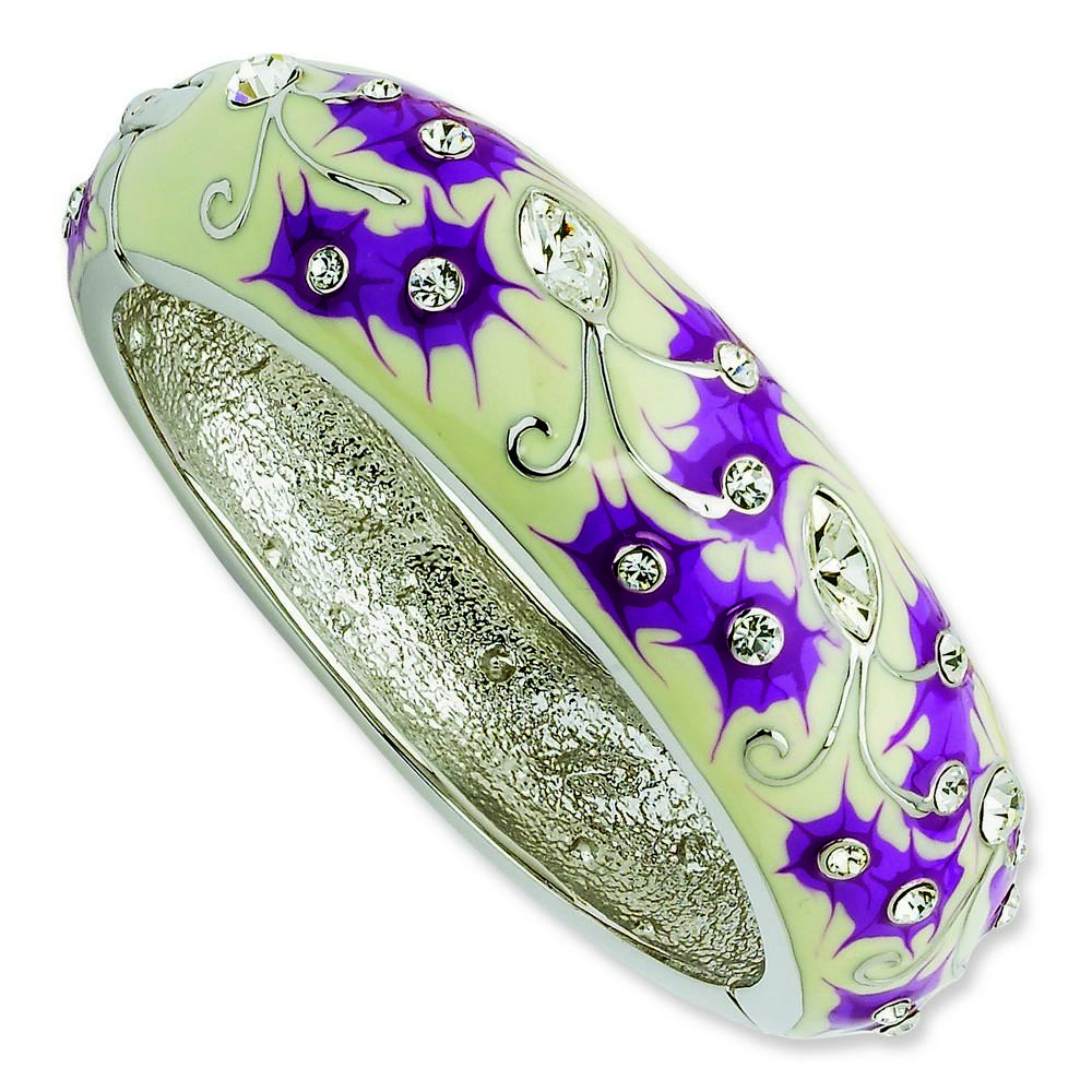 Jewelryweb Silver-tone Crystal White Purple Enameled Floral Bangle Bracelet - 8 Inch