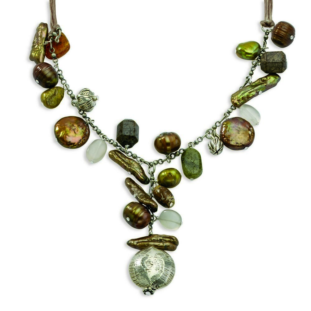 Jewelryweb Sterling Silver Jasper Moonstone Unakite Hessonite Freshwater Cultured Cult Pearl Necklace - 16 Inch