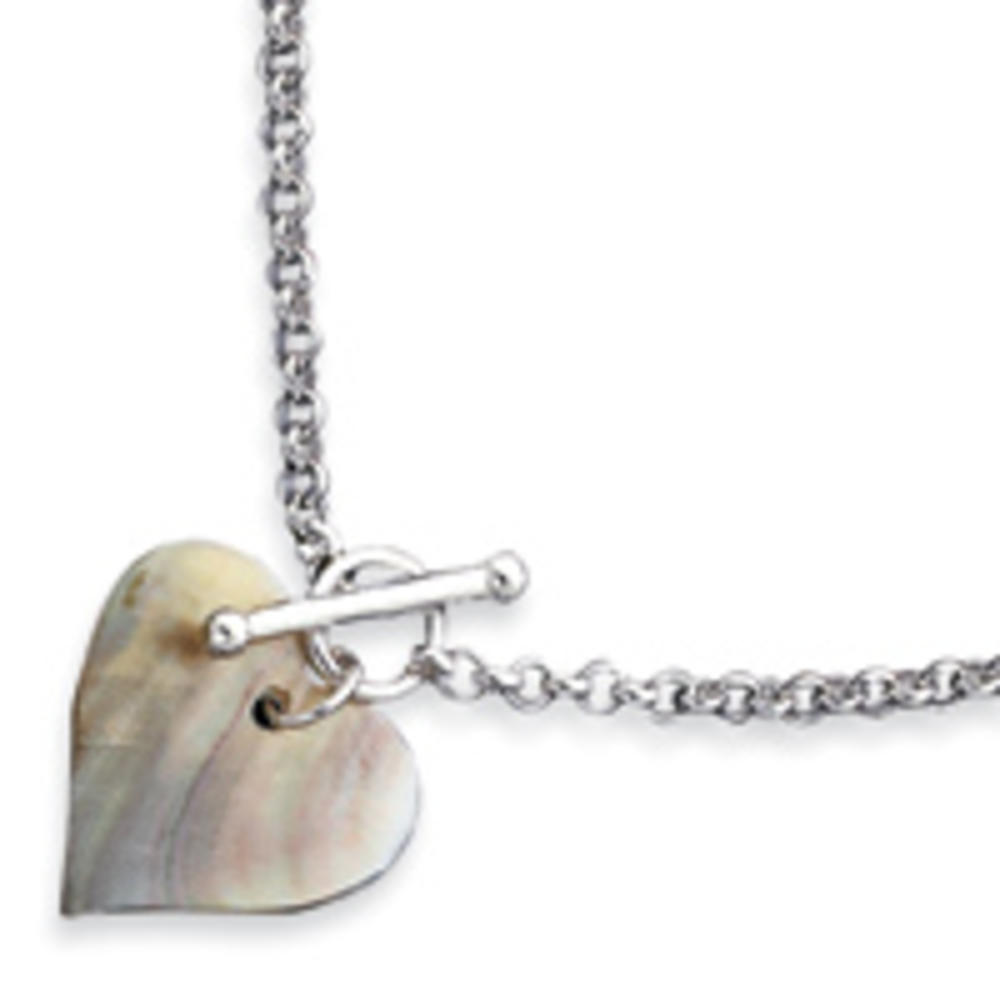 Jewelryweb Sterling Silver Simulated Mother of Pearl Heart Disc Fancy Toggle Necklace 16 Inch