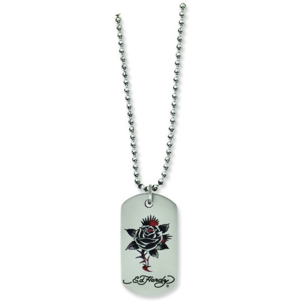 Jewelryweb Stainless Steel Ed Hardy Thorny Rose Dog Tag Painted 24inch Necklace