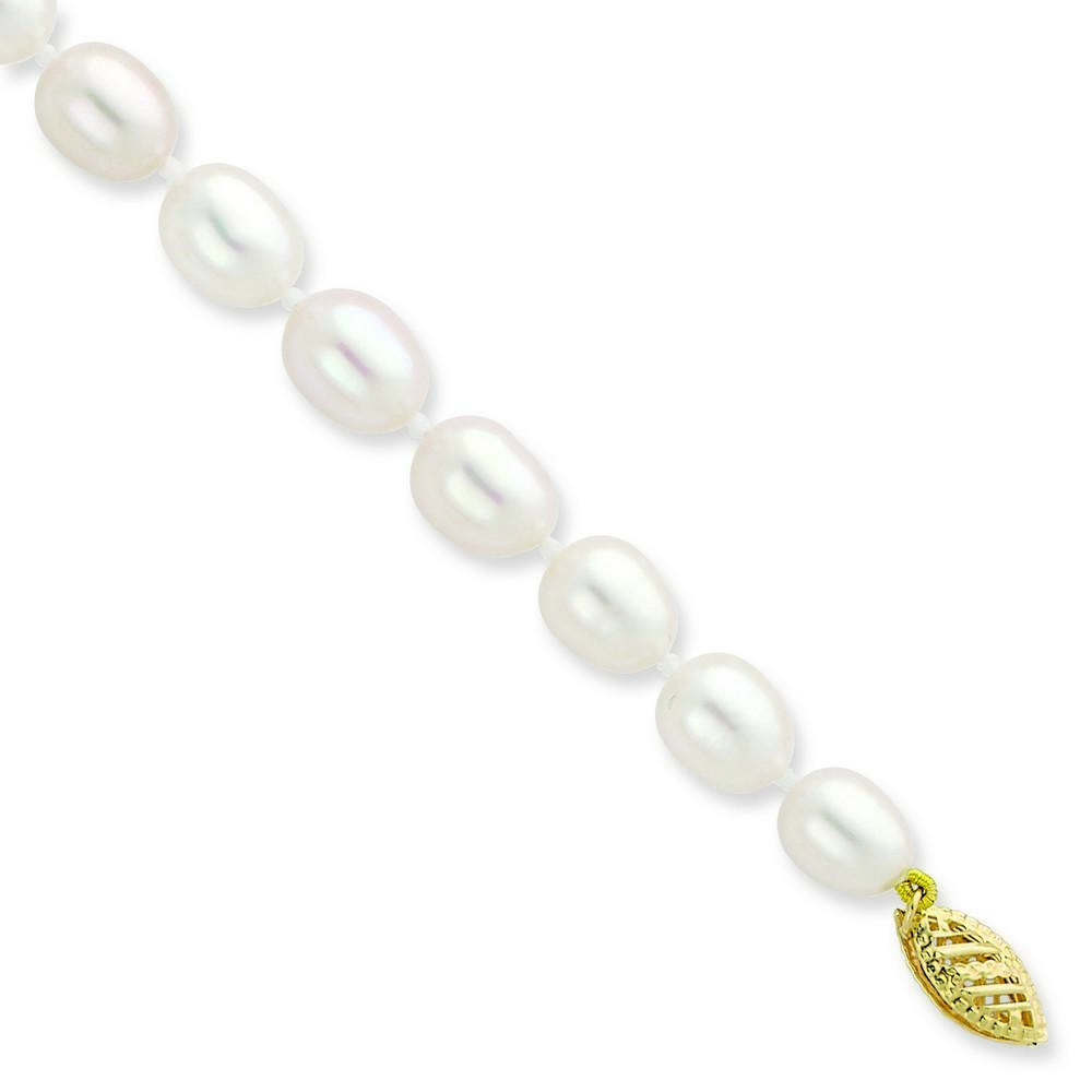 Jewelryweb 14k Yellow Gold 8-8.5mm White Rice Shape Freshwater Cultured Pearl Bracelet - 7.25 Inch