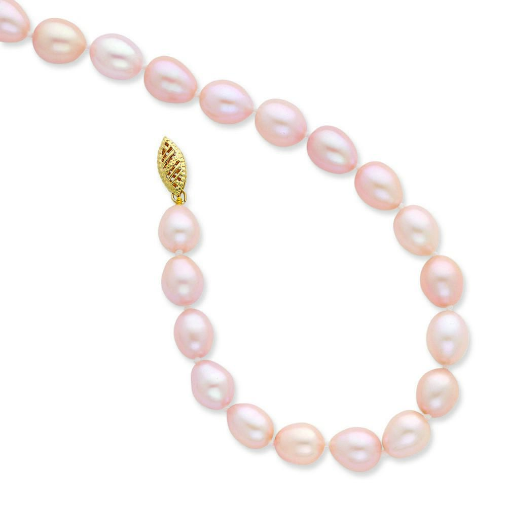 Jewelryweb 14k Yellow Gold 8-8.5mm Pink Rice Shape Freshwater Cultured Pearl Bracelet - 7.25 Inch