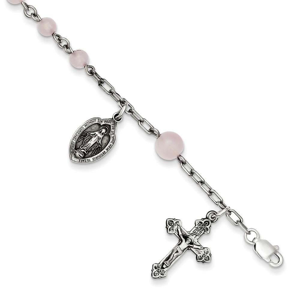 Jewelryweb Sterling Silver Rose quartz Rosary Bracelet - 7 Inch - Lobster Claw