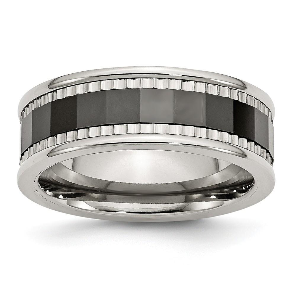 Jewelryweb 8mm Stainless Steel With Sawtooth Accent Black Ceramic Center Faceted Band Ring - Size 13