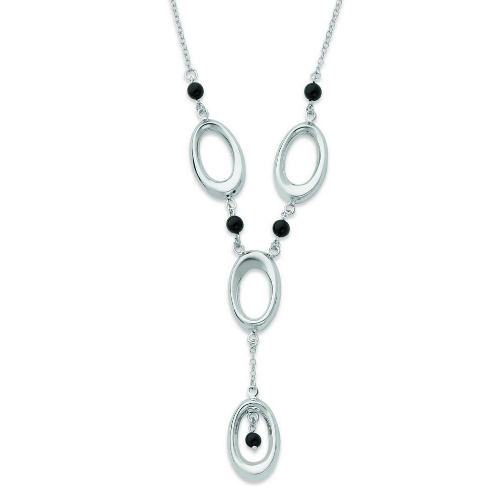 Jewelryweb Sterling Silver 17.5inch Polished Ovals With Simulated Onyx Beads Necklace - 17.5 Inch