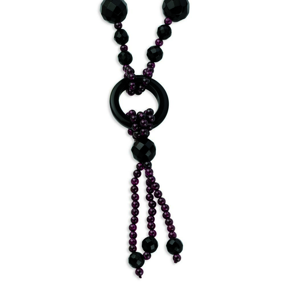 Jewelryweb Sterling Silver Faceted 8-14mm Black Agate and Rh Garnet Bead Necklace - 20 Inch