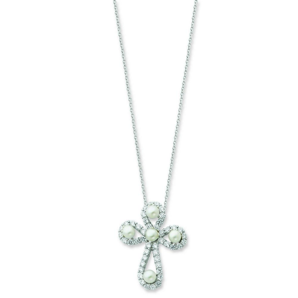 Jewelryweb Sterling Silver Freshwater Cultured Pearl Cubic Zirconia Cross Necklace - 18 Inch