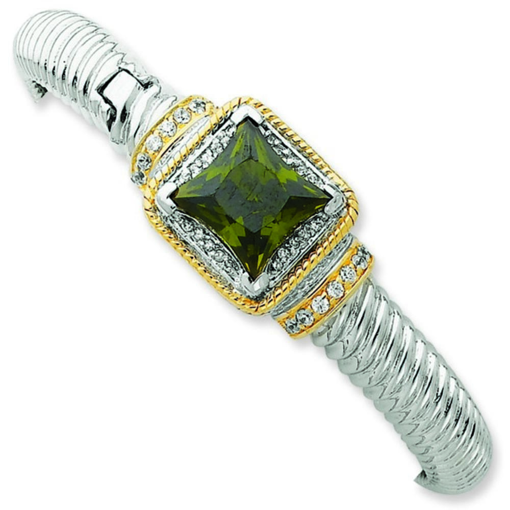 Jewelryweb Sterling Silver and Gold-Flashed Green Cubic Zirconia Hinged Cuff Bangle Bracelet