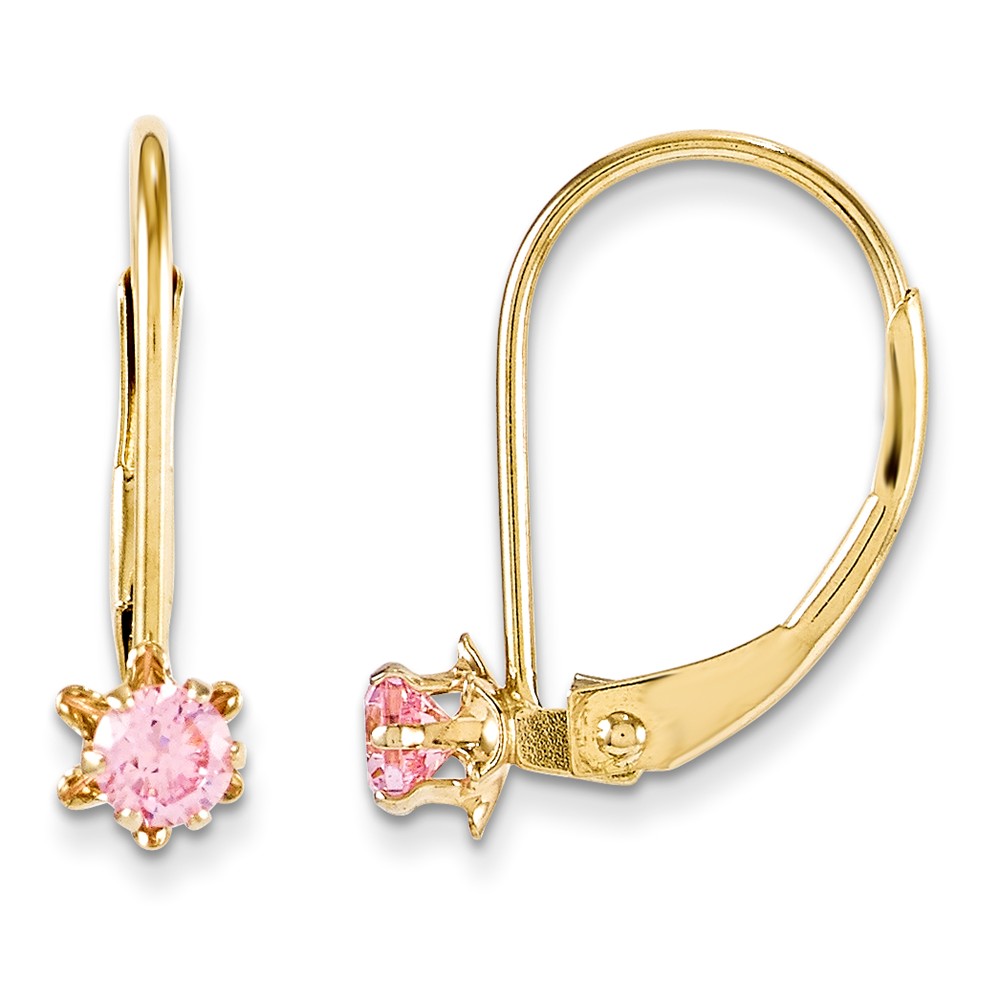 Jewelryweb 14k Yellow Gold Leverback 3mm Pink Cubic Zirconia Childrens Earrings - Measures 14x4mm