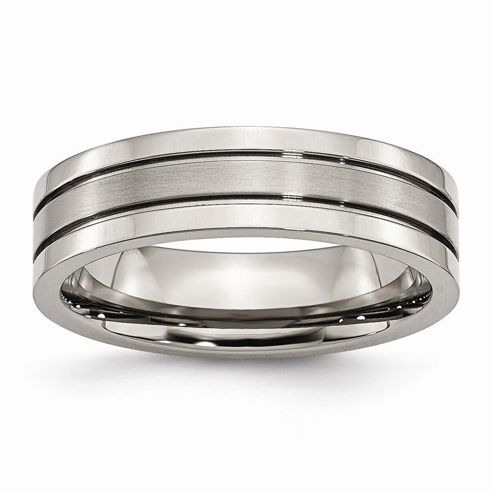 Jewelryweb Titanium Grooved 6mm Brushed Polished Band Ring - Size 6.25