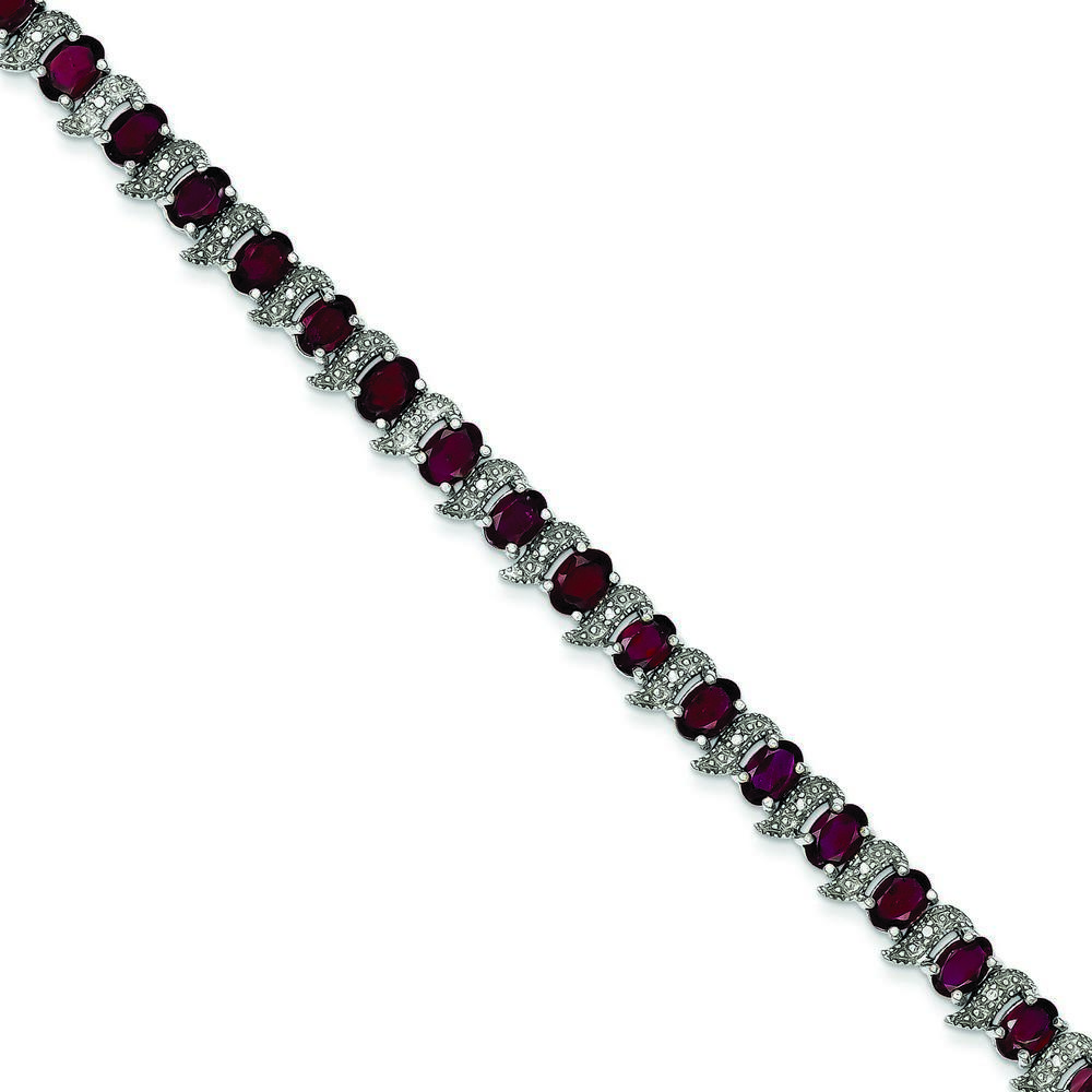 Jewelryweb Sterling Silver Garnet and Diamond Bracelet - 7 Inch - Box Clasp