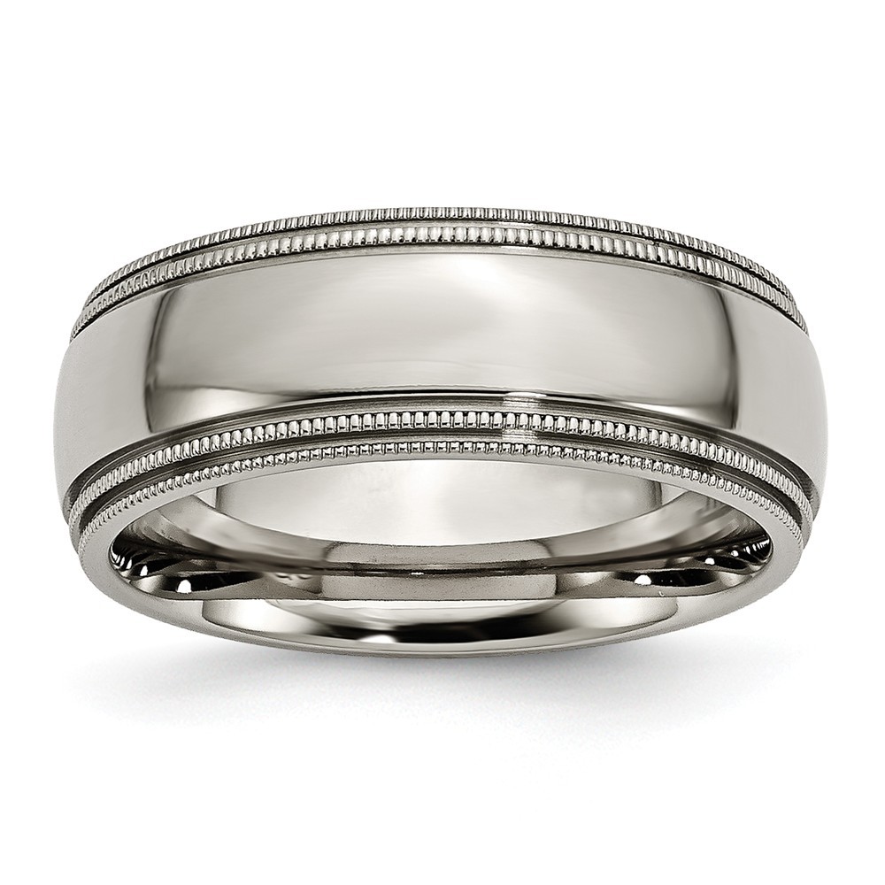 Jewelryweb Titanium Grooved Beaded 8mm Polished Band Ring - Size 8.25