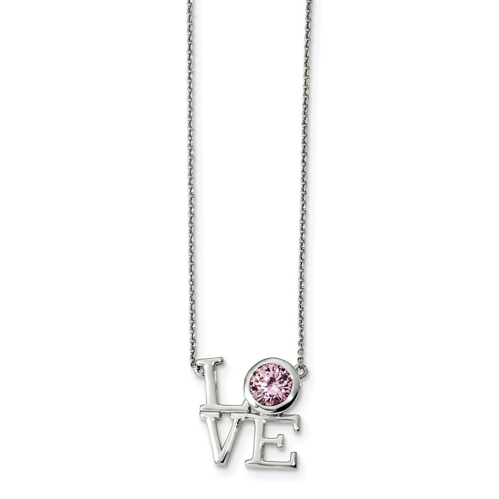 Jewelryweb 1.08mm Sterling Silver Pink Cubic Zirconia Love With 2in. Ext Necklace - 16.5 Inch