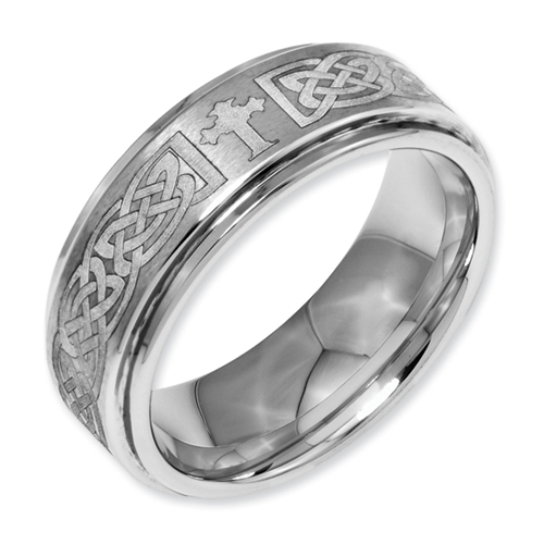 Jewelryweb Dura Tungsten Ridged Edge 8mm Brushed and Polished Band Ring - Size 7