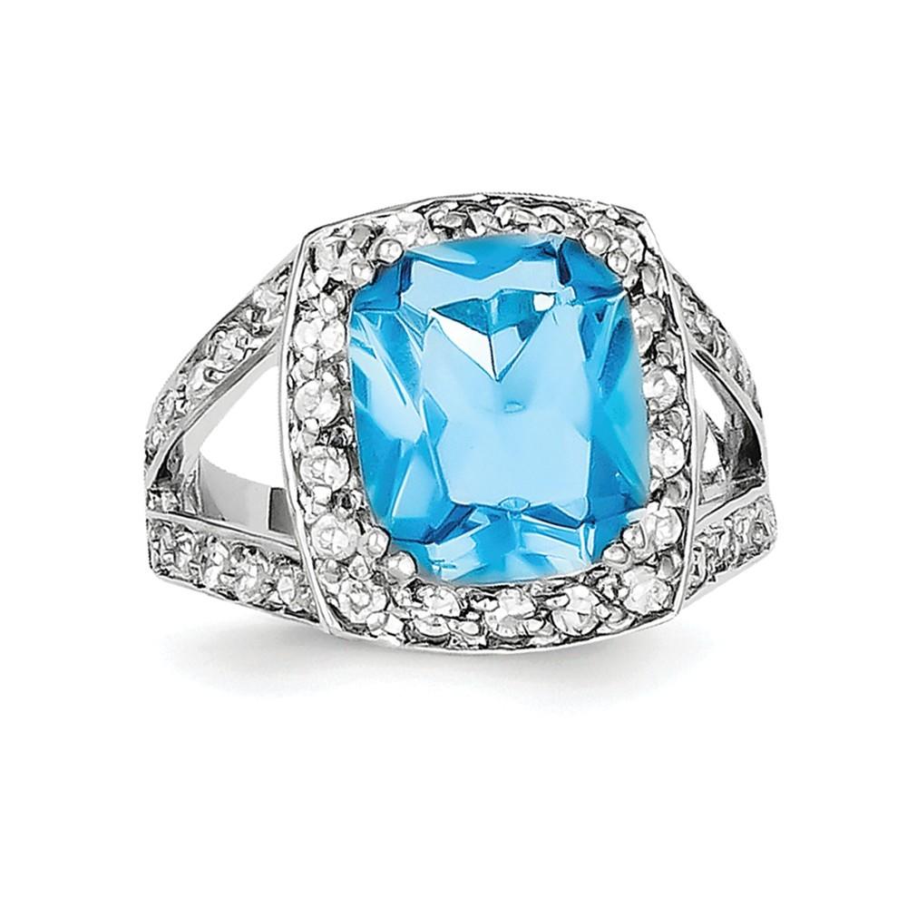 Jewelryweb Sterling Silver Blue Glass and Clear Cubic Zirconia Ring - Size 7