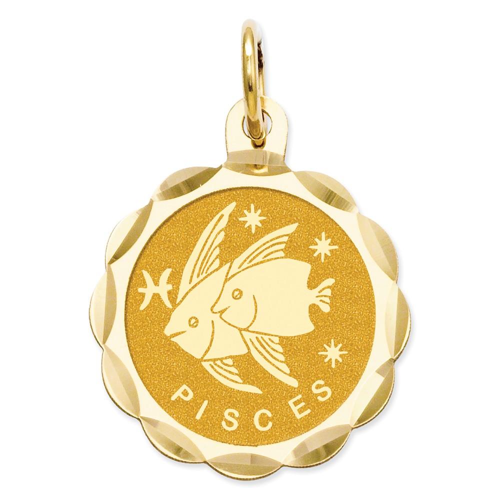 Jewelryweb 14k Yellow Gold Satin Engraveable Pisces Zodiac Scalloped Disc Charm - Measures 22.7x15.6mm