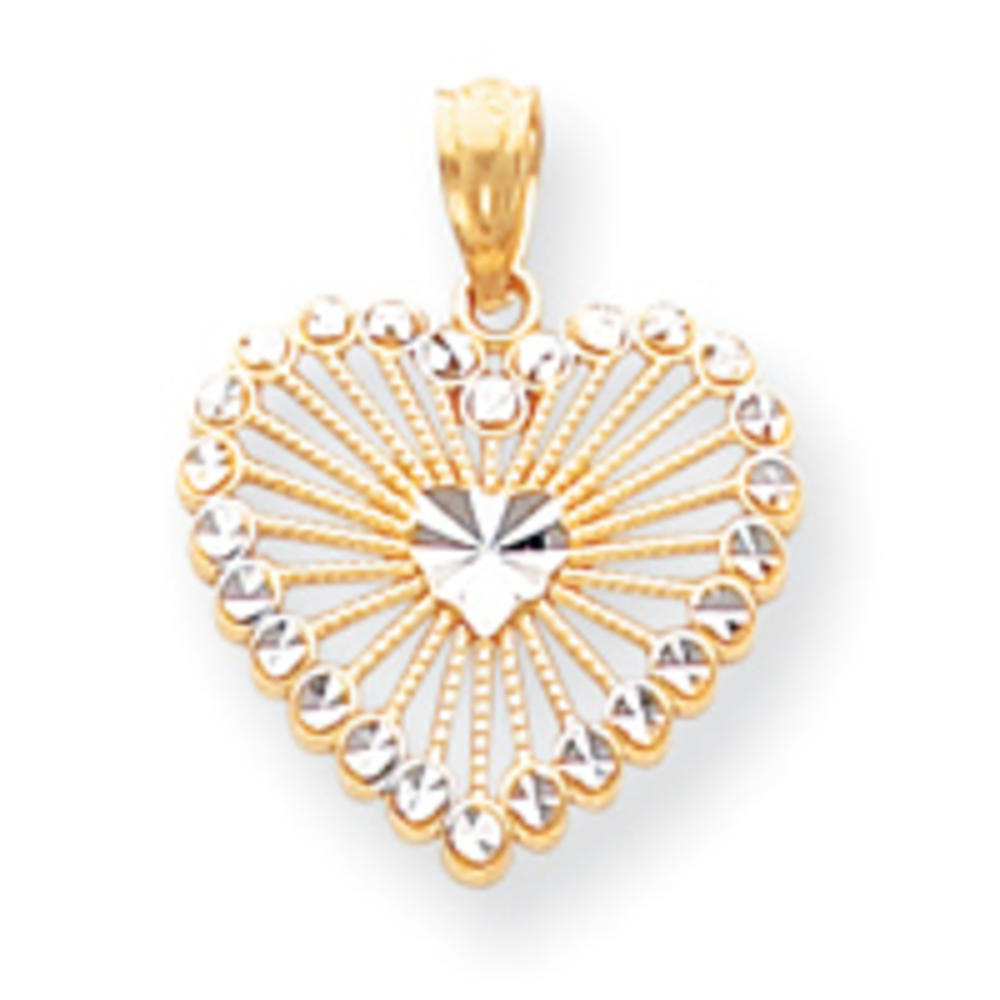 Jewelryweb 14k Yellow Gold Rhodium Sparkle-Cut Fancy Etched-Design Heart Pendant - Measures 15x16mm