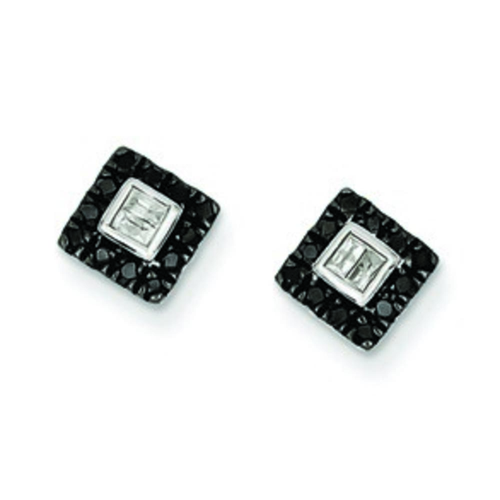 Jewelryweb Sterling Silver Black and White Diamond Square Post Earrings