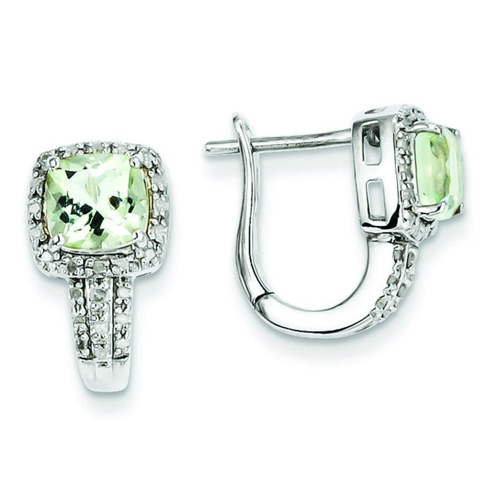 Jewelryweb Sterling Silver Diamond and Green Quartz Hinged Square Earrings