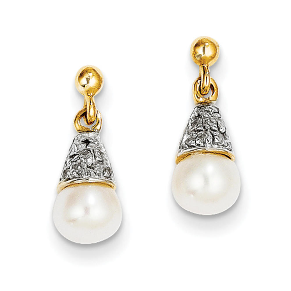 Jewelryweb 14k Yellow Gold and Rhodium 6mm Freshwater Cultured Pearl And Diamond Post Earrings