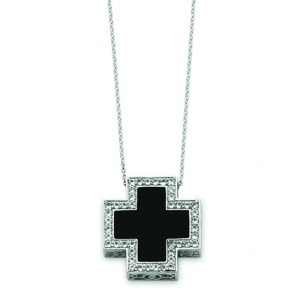 Jewelryweb Sterling Silver Black Simulated Onyx Cubic Zirconia Cross Necklace - 18 Inch