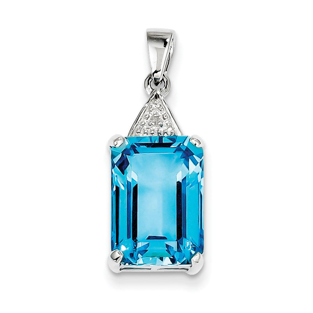 Jewelryweb Sterling Silver Emerald-cut Swiss Blue Topaz and Diamond Pendant