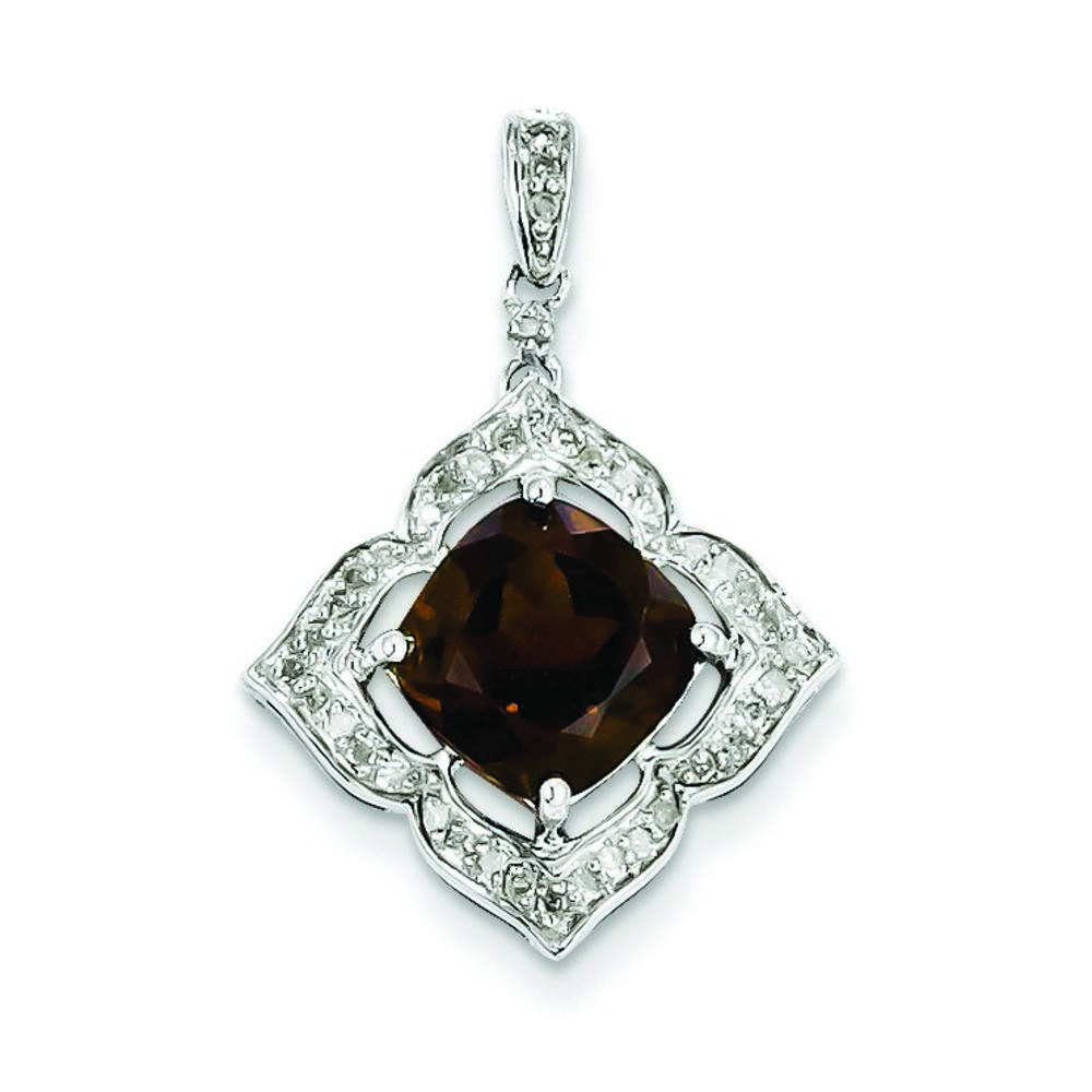 Jewelryweb Sterling Silver Diamond and Smoky Quartz Flower Pendant
