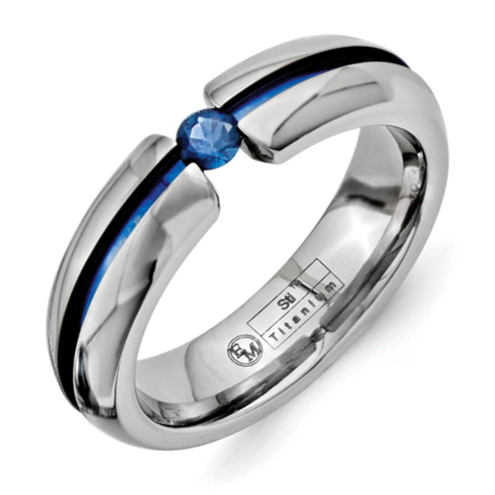 Jewelryweb Titanium With Blue Groove and 3.5mm Sapphire 6mm Polished Band Ring - Size 9.5