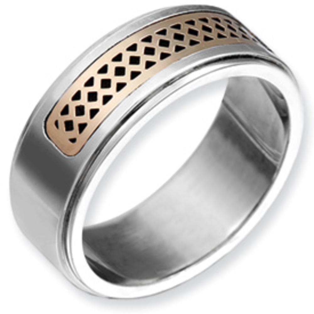 Jewelryweb Sterling Silver 8.5mm Step Down With 14k Inlay Antiqued Polished Band Ring - Size 8