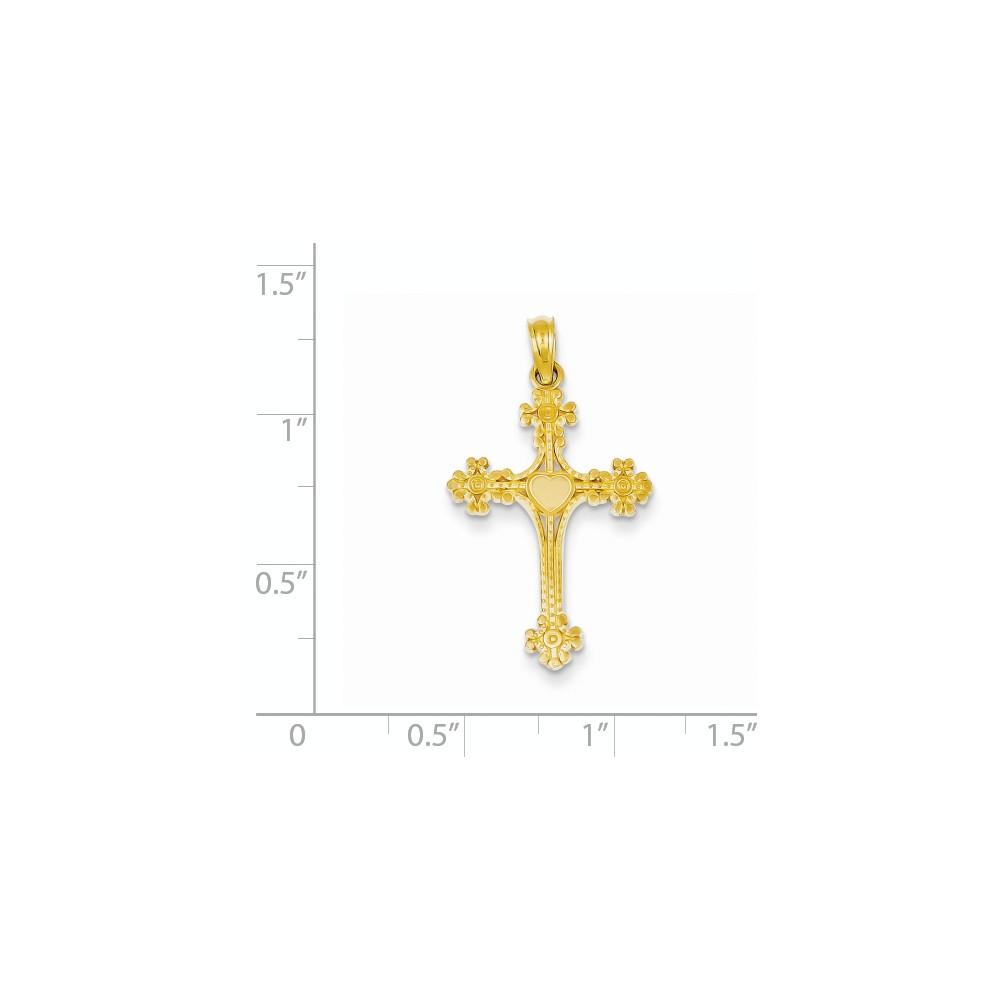 Jewelryweb 14k Yellow Gold Beaded Tip Cross With Heart Center Pendant