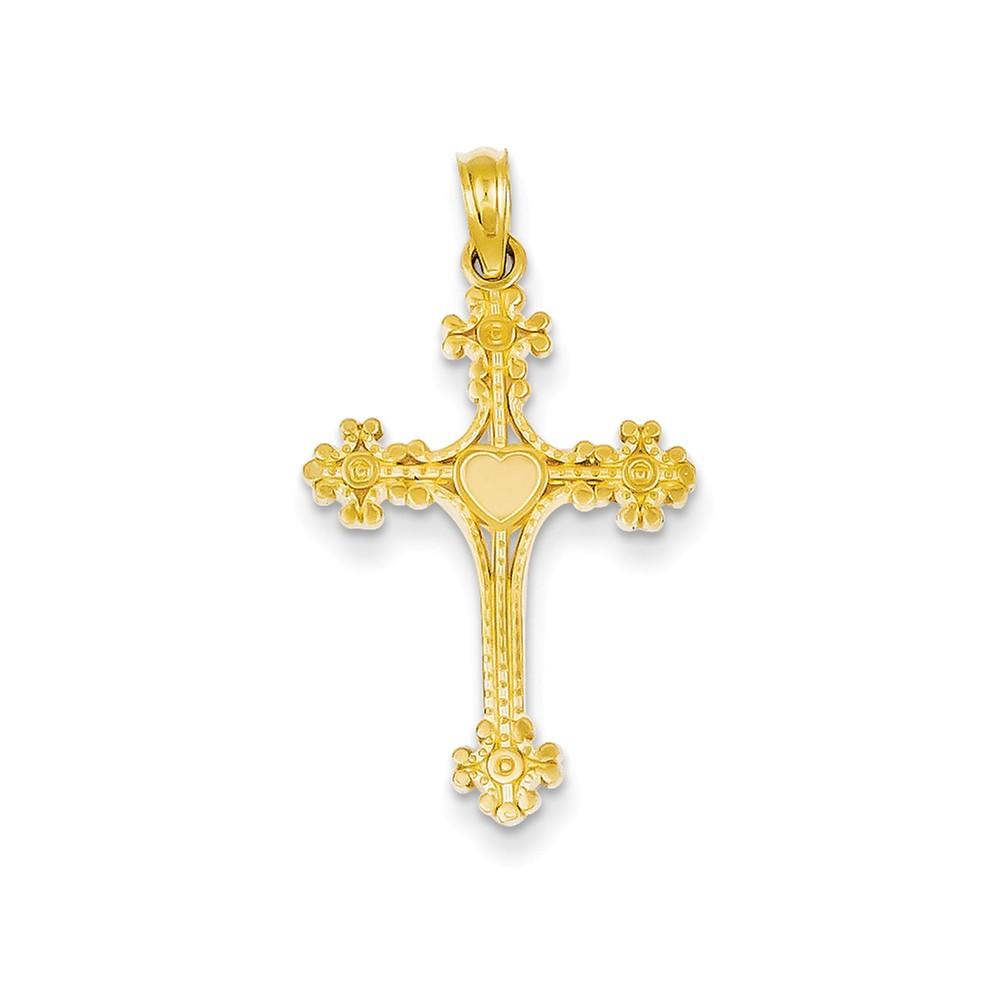 Jewelryweb 14k Yellow Gold Beaded Tip Cross With Heart Center Pendant