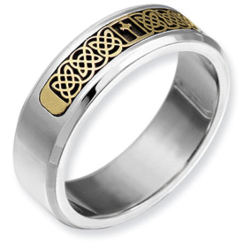 Jewelryweb Sterling Silver 6.5mm Beveled With 14k Inlay Antiqued Polished Band Ring - Size 13