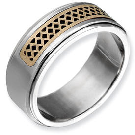 Jewelryweb Sterling Silver 8.5mm Step Down With 14k Inlay Antiqued Satin Band Ring - Size 8
