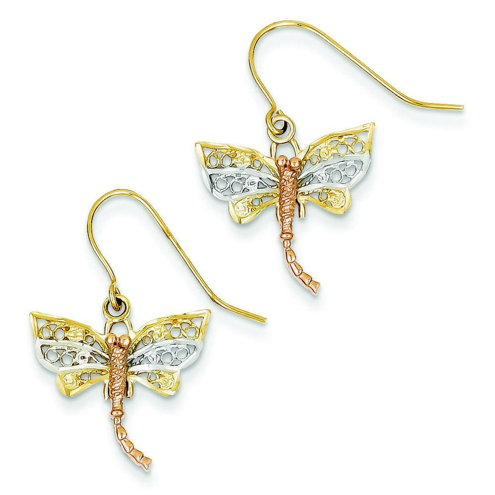Jewelryweb 14k and Rose Gold And Rhodium Dragonfly Dangle Earrings