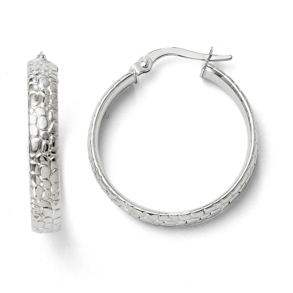 Jewelryweb 4mm 10k White Gold Polished and Textured Hinged Hoop Earrings
