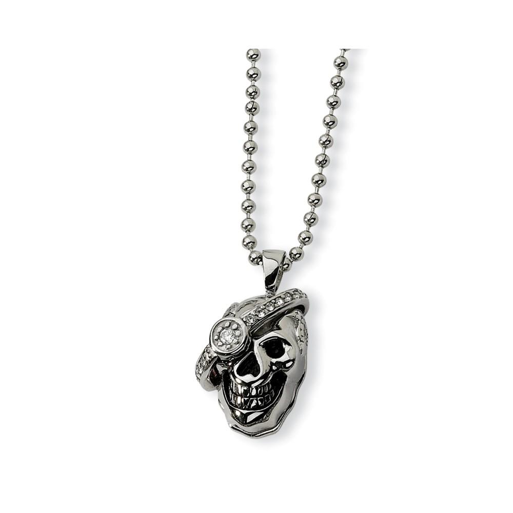Jewelryweb Stainless Steel Skull with Diamond Necklace - 24 Inch
